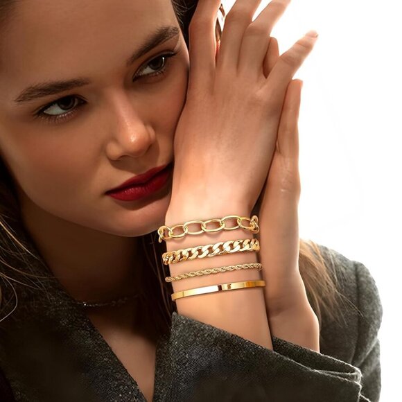 16k Chunky Gold Bracelets for Women Non Tarnish, Womens Gold Bracelet Stack Laye - Picture 6 of 8